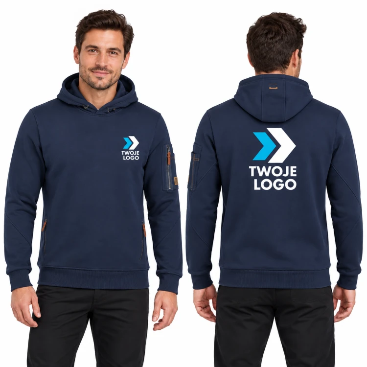 Tricorp Premium Hooded Sweater T42 – T8 ink – model, przód i tył, wizualizacja nadruku logo
