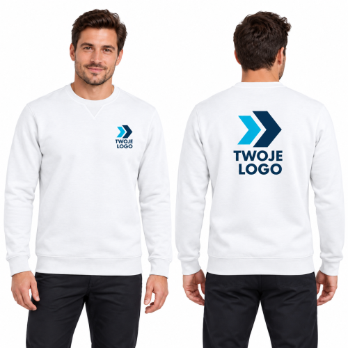 Tricorp Sweater Washable 60 °C T43 – T0 biały – model, przód i tył, wizualizacja nadruku logo