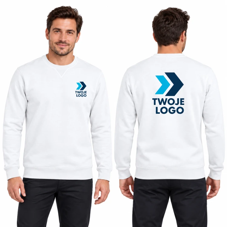 Tricorp Sweater Washable 60 °C T43 – T0 biały – model, przód i tył, wizualizacja nadruku logo