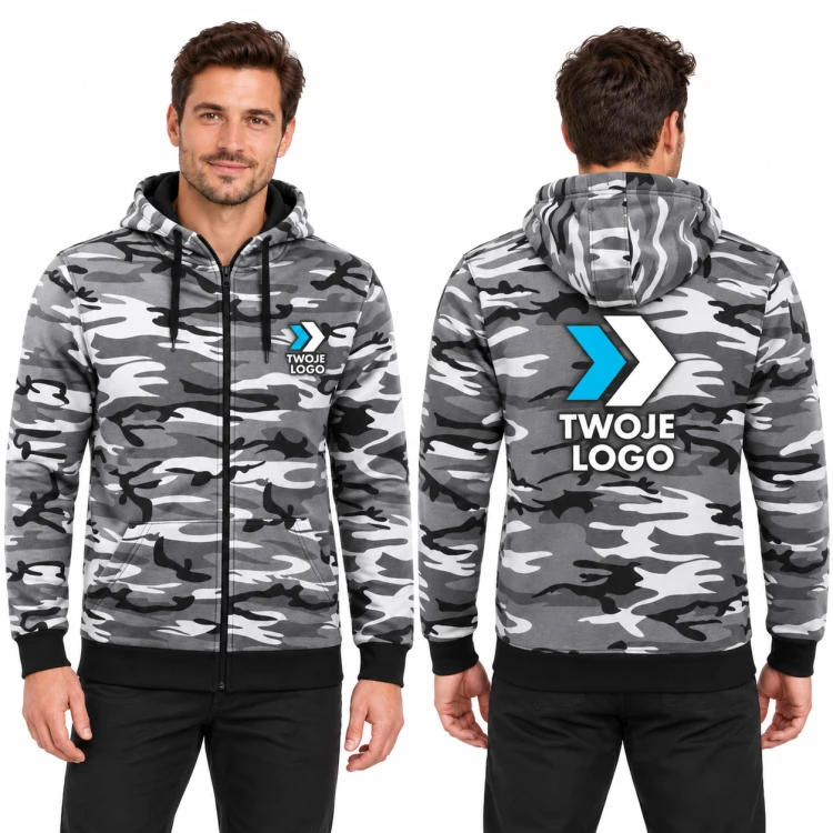 Malfini Camo Zipper C19 – 32 camouflage gray – model, przód i tył, wizualizacja nadruku logo