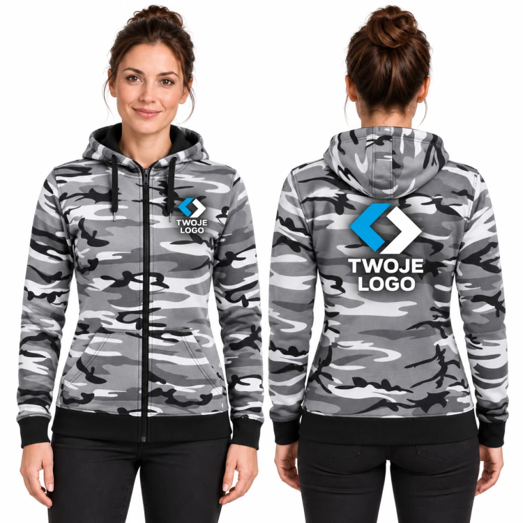 Malfini Camo Zipper C20 – 32 camouflage gray – modelka, przód i tył, wizualizacja nadruku logo