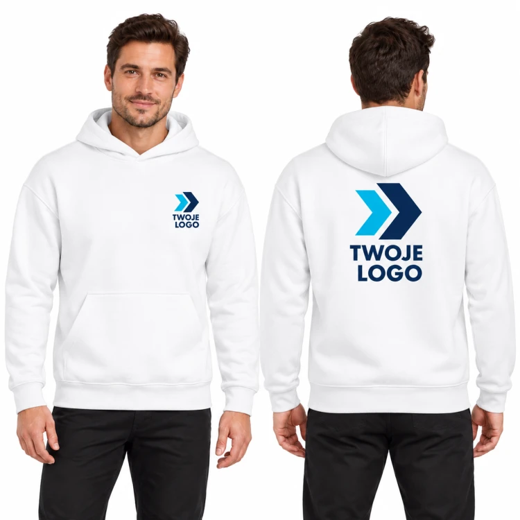 Malfini Vibe Hoodie 431 – 00 biały – model, przód i tył, wizualizacja nadruku logo