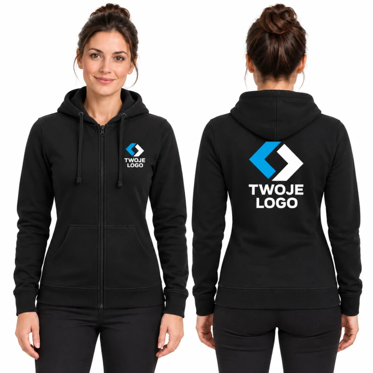 Malfini Trendy Zipper 411 – 01 czarny – modelka, przód i tył, wizualizacja nadruku logo