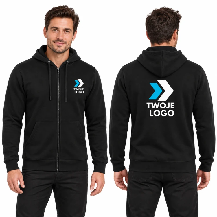 Malfini Trendy Zipper 410 – 01 czarny – model, przód i tył, wizualizacja nadruku logo
