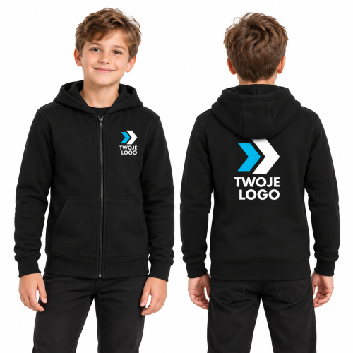Malfini Trendy Zipper 412 – 01 czarny – model dziecięcy, przód i tył, wizualizacja nadruku logo