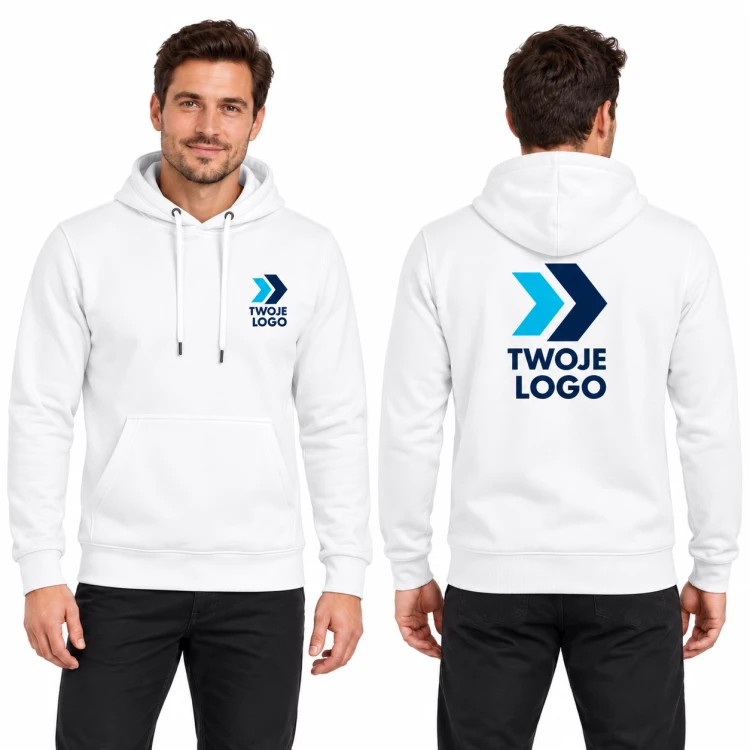 Malfini Cape Free F13 – 00 biały – model, przód i tył, wizualizacja nadruku logo