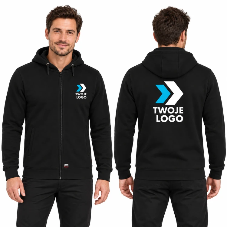 Tricorp Hooded Sweat Jacket Washable 60°C T44 – T1 czarny – model, przód i tył, wizualizacja nadruku logo