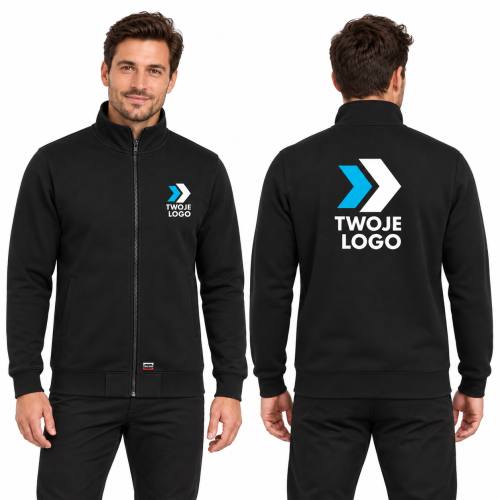 Tricorp Sweat Jacket Washable 60°C T45 – T1 czarny – model, przód i tył, wizualizacja nadruku logo
