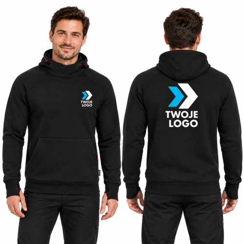 Rimeck Vertex Hoodie W43 – 01 czarny – model, przód i tył, wizualizacja nadruku logo