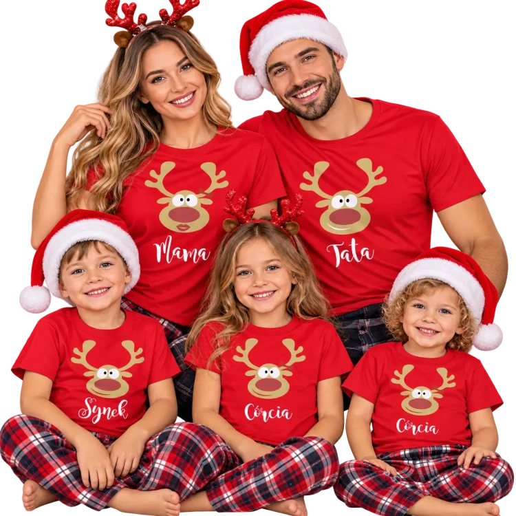 Zestaw koszulek świątecznych z reniferem dla całej rodziny zestaw dla 5 pięciu osób koszulki czerwone świąteczne body lub koszulka (1).webp