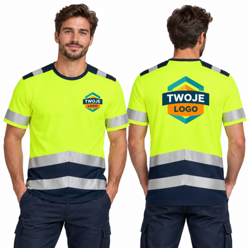 Tricorp T-Shirt High Vis Bicolor T01 fluorescencyjny żółty 97 – model z nadrukiem logo na sercu i plecach, przód i tył