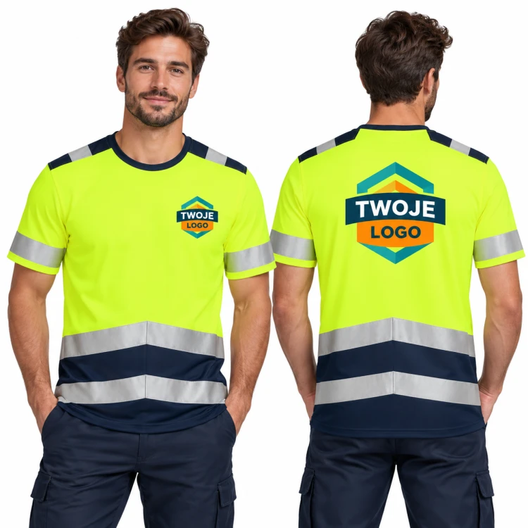 Tricorp T-Shirt High Vis Bicolor T01 fluorescencyjny żółty 97 – model z nadrukiem logo na sercu i plecach, przód i tył