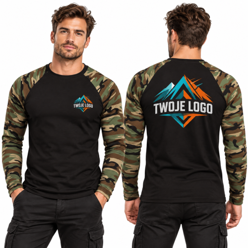 Malfini Camouflage LS 166 camouflage brown 33 – model z nadrukiem logo na sercu i plecach, przód i tył