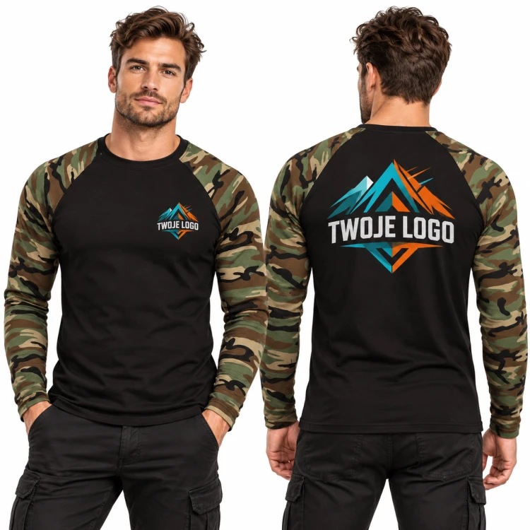 Malfini Camouflage LS 166 camouflage brown 33 – model z nadrukiem logo na sercu i plecach, przód i tył