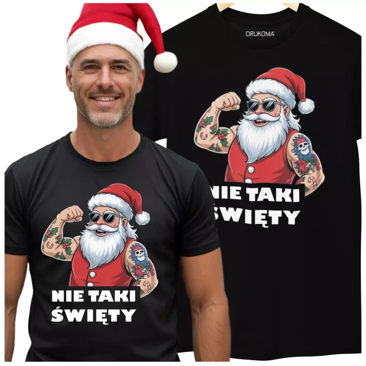 KOSZULKA MĘSKA ZABAWNA NA KAŻDĄ OKAZJE Z NAPISEM NIE TAKI ŚWIĘTY.  (1).webp