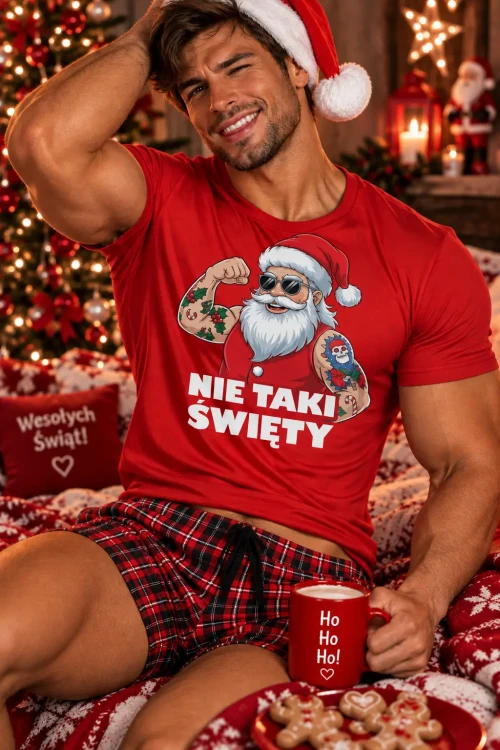 Świąteczny figlarny przystojniak z kubkiem „Ho Ho Ho”.webp
