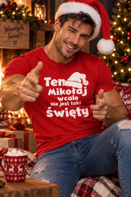 Świąteczny Mikołaj z gestem finger-guns.webp