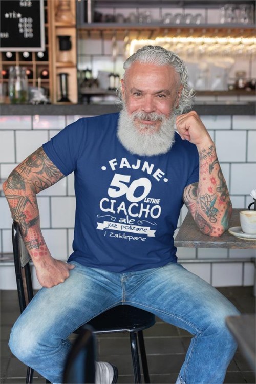 Koszulka na urodziny na 50 pięćdziesiątkę z nadrukiem Fajne 50 letnie ciacho ale już polizane i zaklepane2.jpg