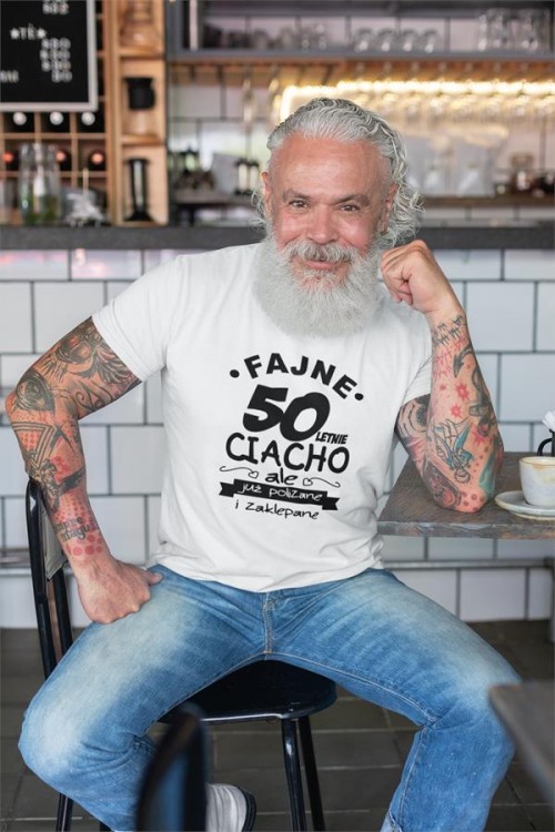 Koszulka na urodziny na 50 pięćdziesiątkę  z nadrukiem Fajne 50 letnie ciacho ale już polizane i zaklepane 1.jpg