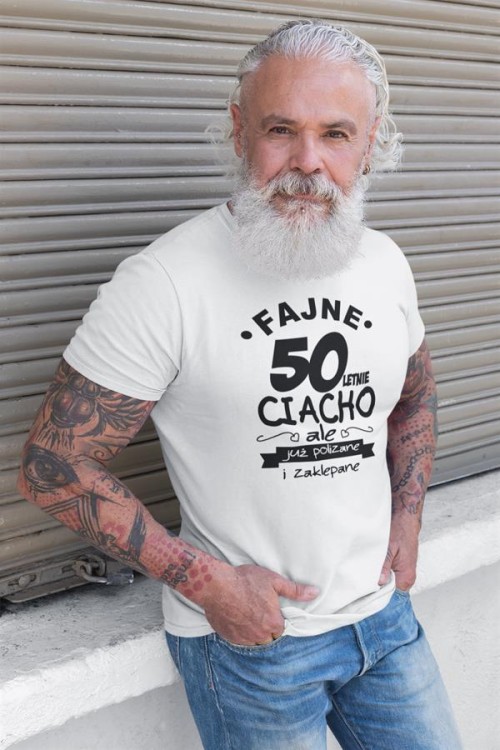 Koszulka na urodziny na 50 pięćdziesiątkę  z nadrukiem Fajne 50 letnie ciacho ale już polizane i zaklepane 2.jpg