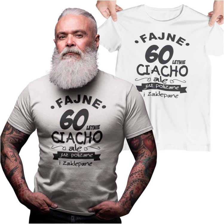 Koszulka na urodziny na 60 sześćdziesiątkę z nadrukiem Fajne 60 letnie ciacho ale już polizane i zaklepane.jpg