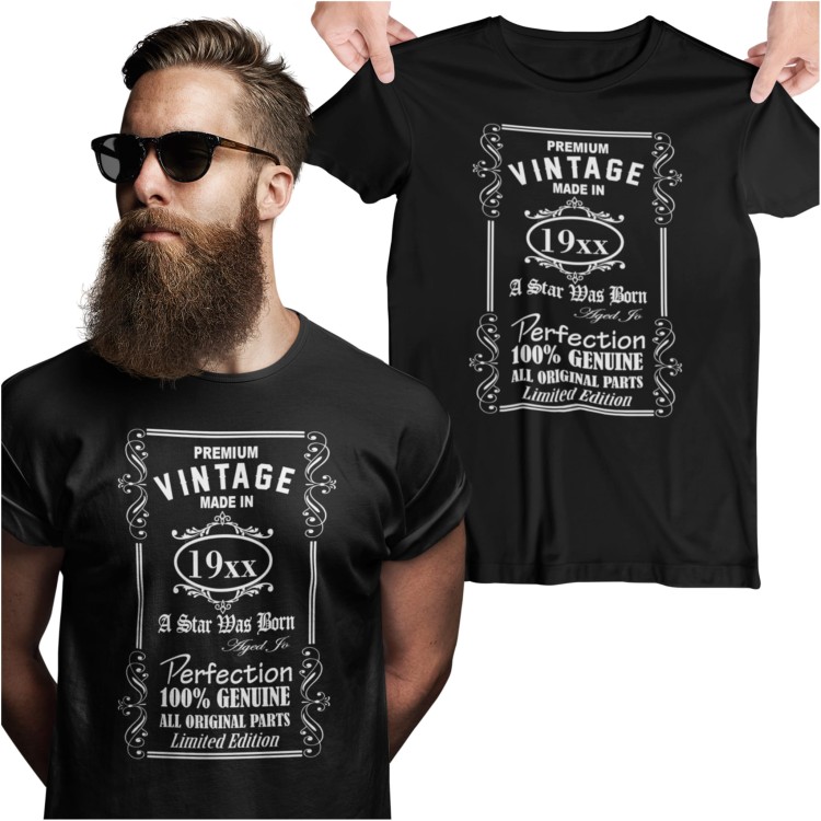 Koszulka z dowolną datą na urodziny z napisem Premium vintage made in 19XX a star was born aged to perfection 100% genuine all original parts limited edition