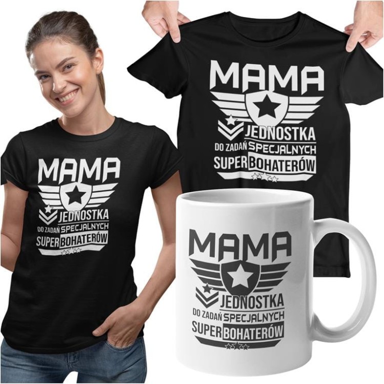 Koszulka dla mamy wraz z kubkiem Mama jednostka do zadań specjalnych super bohaterów