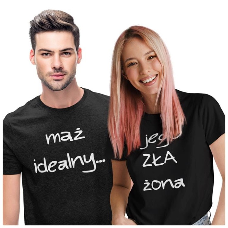 KOSZULKI DLA PAR NA WALENTYNKI PREZENT MĄŻ IDEALNY I JEGO ZŁA ŻONA