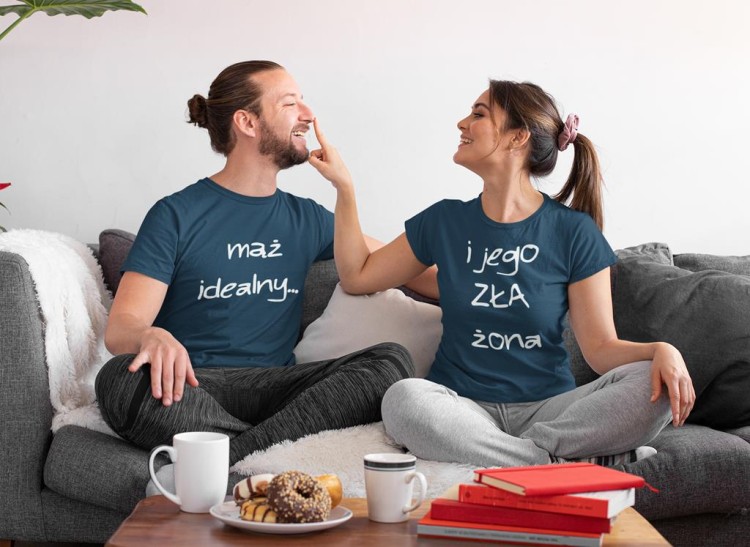 KOSZULKI DLA PAR NA WALENTYNKI PREZENT MĄŻ IDEALNY I JEGO ZŁA ŻONA
