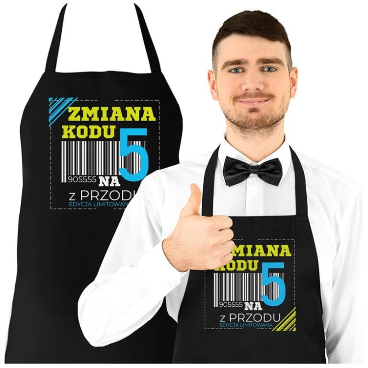 Fartuch na 50 urodziny prezent urodzinowy Zmiana kodu na 5 z przodu DTF  (1).jpg