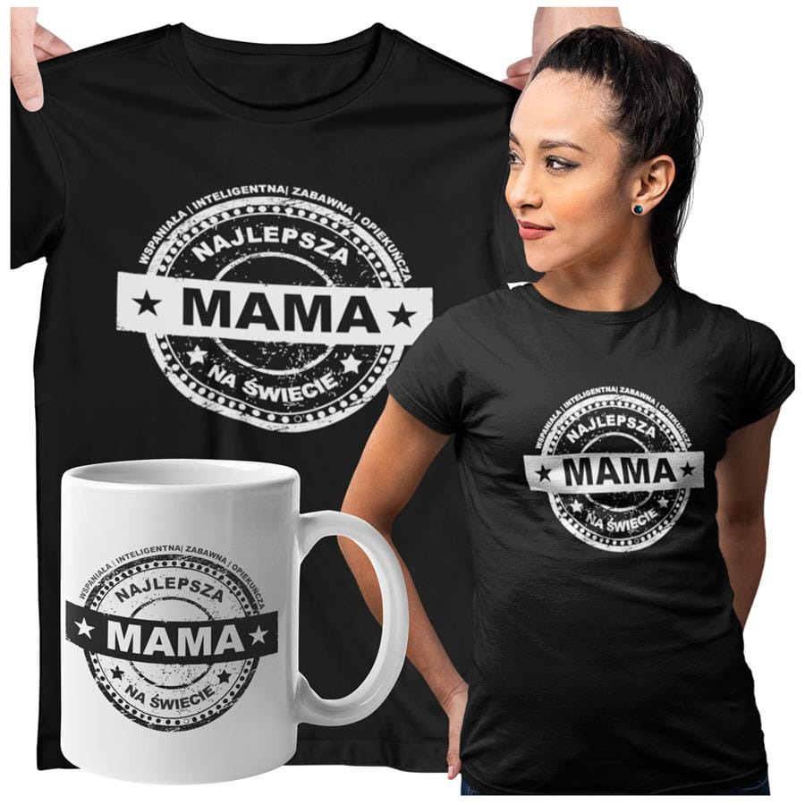Koszulka dla Mamy na Dzień Mamy prezent z kubkiem i napisem Najlepsza mama na świecie, wspaniała, inteligentna, zabawna, opiekuńcza kolor czarny