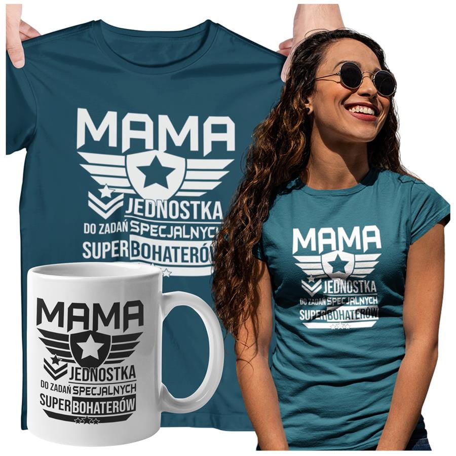 Koszulka dla Mamy na Dzień Mamy zestaw z kubkiem i nadrukiem Mama jednostka do zadań specjalnych super bohaterów kolor petrol blue