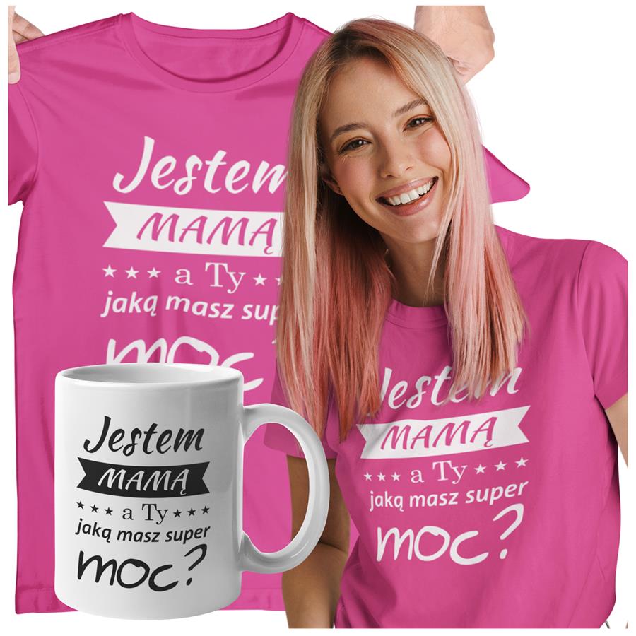 Koszulka dla Mamy na Dzień Mamy zestaw z kubkiem i nadrukiem Jestem mamą, a ty jaką masz super moc?  kolor różowy