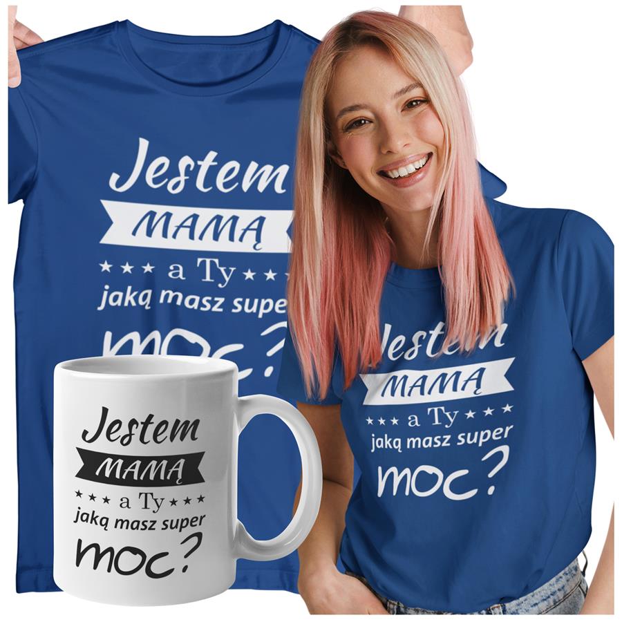 Koszulka dla Mamy na Dzień Mamy zestaw z kubkiem i nadrukiem Jestem mamą, a ty jaką masz super moc?  kolor granatowy