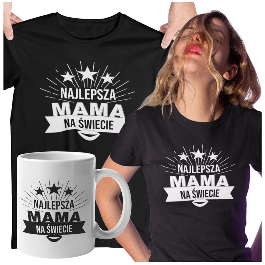 Koszulka dla Mamy na Dzień Mamy zestaw z kubkiem i nadrukiem Najlepsza mama na świecie kolor czarny