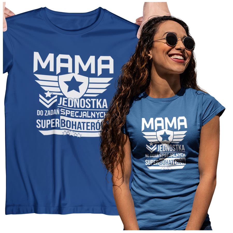 Koszulka dla Mamy na Dzień Mamy z nadrukiem Mama jednostka do zadań specjalnych super bohaterów kolor granatowy 