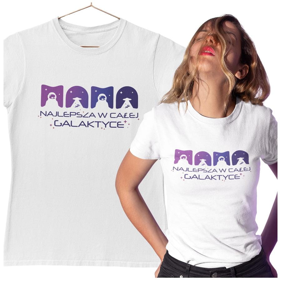 Koszulka dla Mamy na Dzień Mamy z nadrukiem MAMA najlepsza w całej galaktyce kolor biały 
