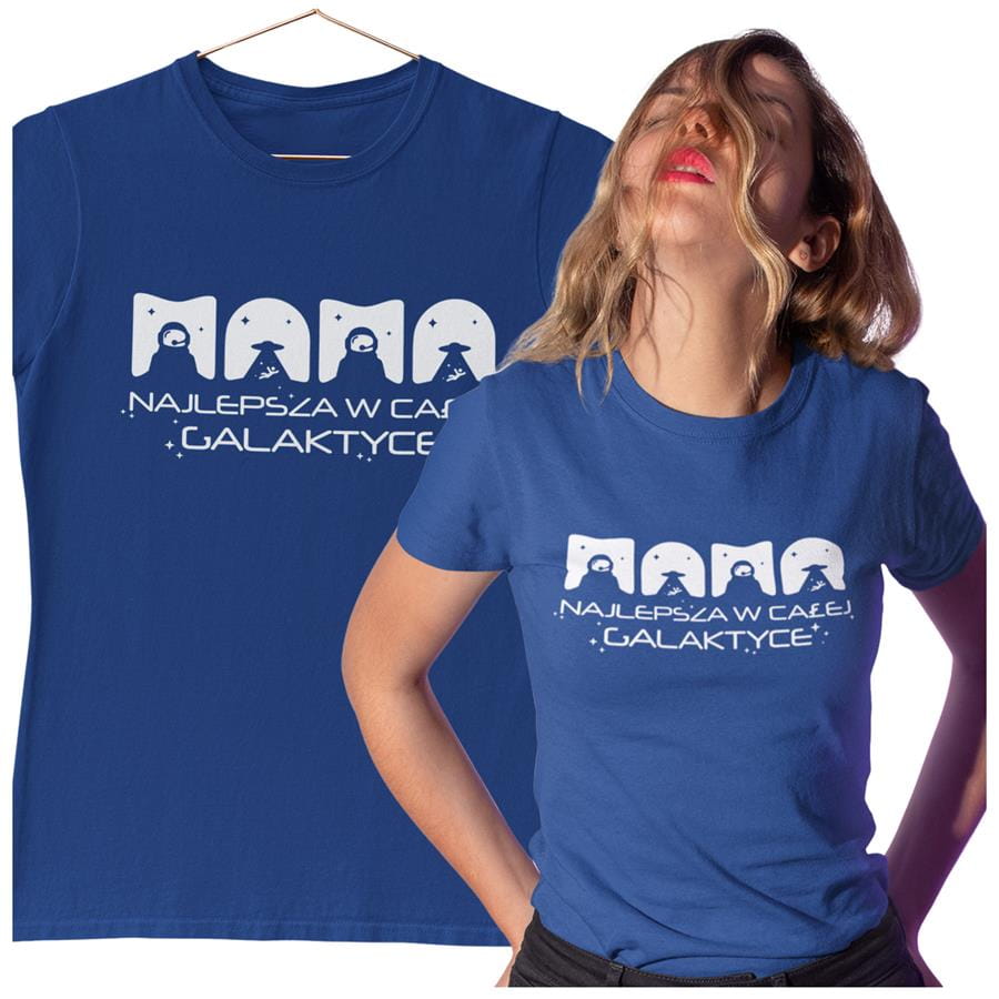 Koszulka dla Mamy na Dzień Mamy z nadrukiem MAMA najlepsza w całej galaktyce kolor granatowy