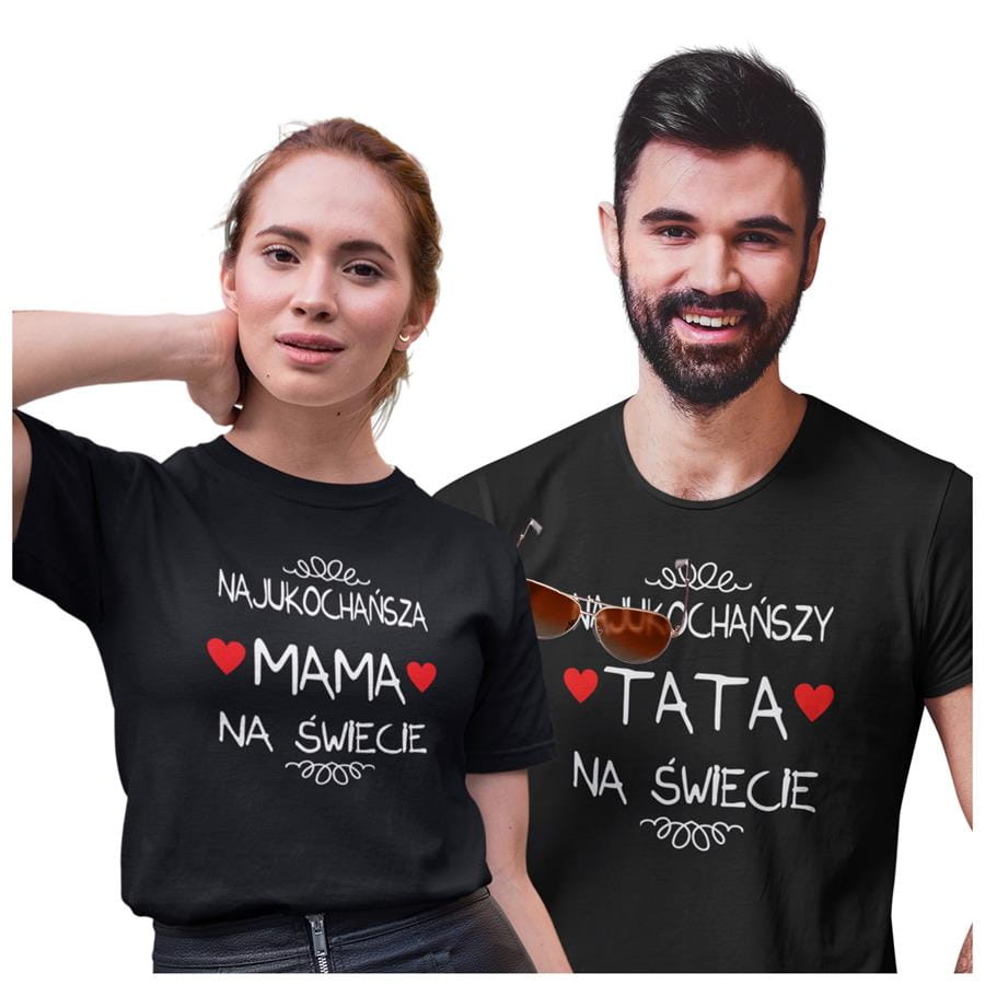 Koszulka dla Mamy i Taty na Dzień Matki i Ojca z napisem Najukochańsza MAMA na świecie i Najukochańszy TATA na świecie w kolorze czarnym