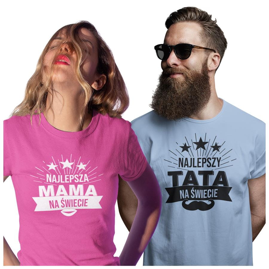 Koszulka dla Mamy i Taty na Dzień Matki i Ojca z napisem Najlepsza mama na świecie i Najlepszy tata na świecie w kolorze różowym i błękitnym 