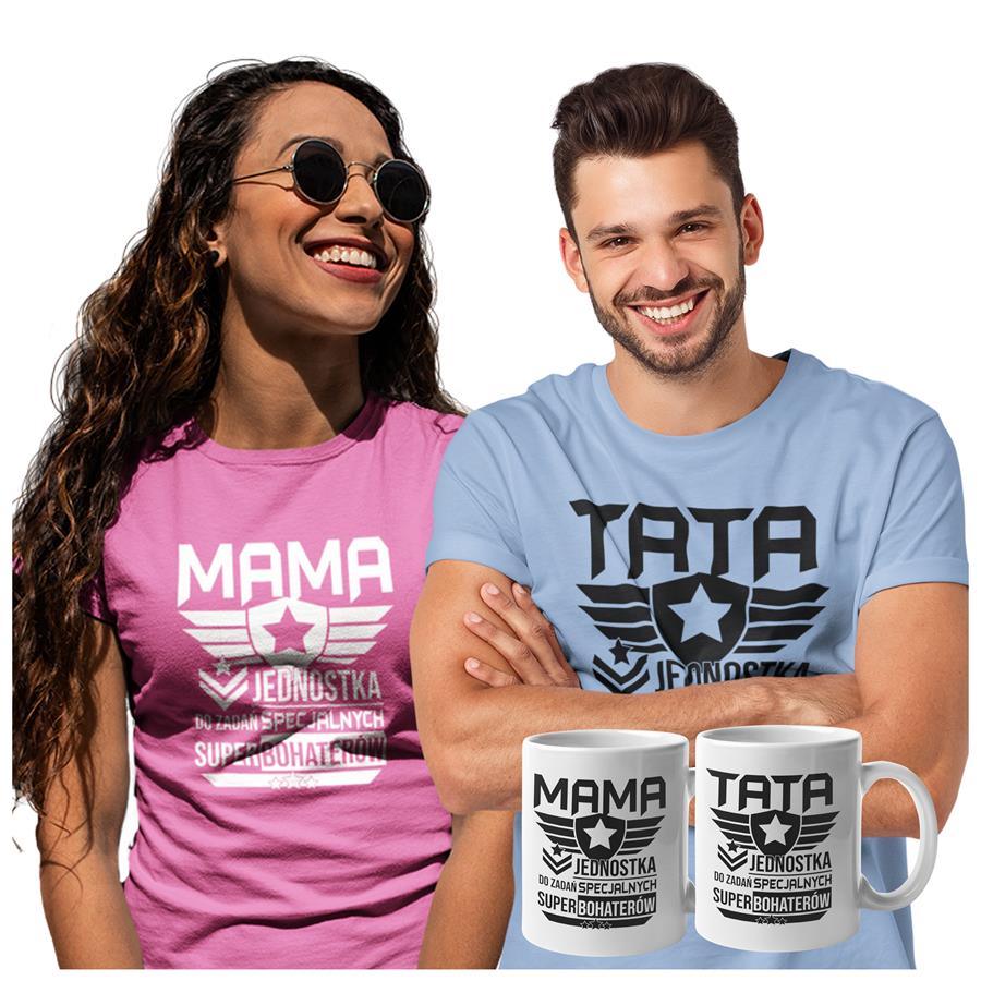 Koszulki dla Rodziców na Dzień Mamy i Taty zestaw z kubkami z napisem MAMA jednostka do zadań specjalnych super bohaterów i  TATA jednostka do zadań specjalnych super bohaterów w kolorze różowym i błękitnym