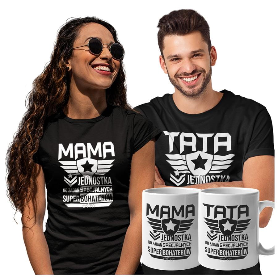 Koszulki dla Rodziców na Dzień Mamy i Taty zestaw z kubkami z napisem MAMA jednostka do zadań specjalnych super bohaterów i  TATA jednostka do zadań specjalnych super bohaterów w kolorze czarnym