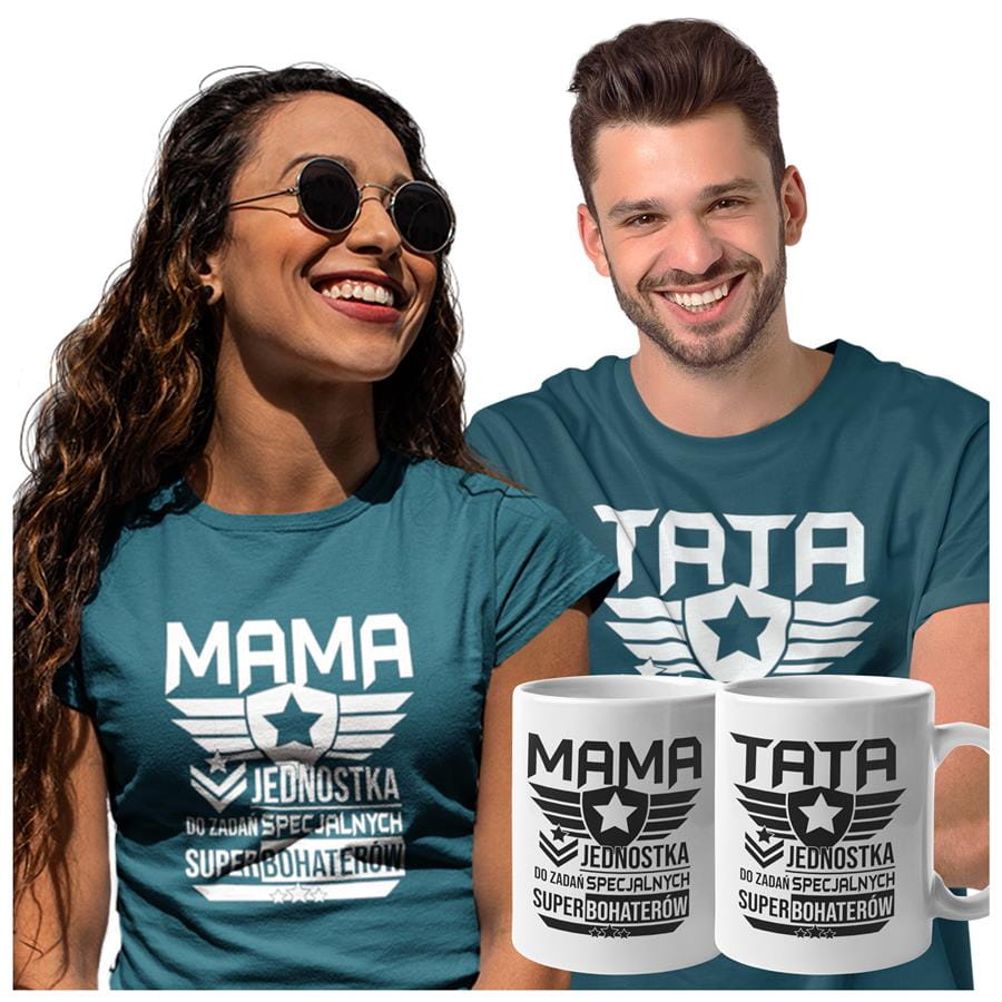Koszulki dla Rodziców na Dzień Mamy i Taty zestaw z kubkami z napisem MAMA jednostka do zadań specjalnych super bohaterów i  TATA jednostka do zadań specjalnych super bohaterów w kolorze petrol  blue