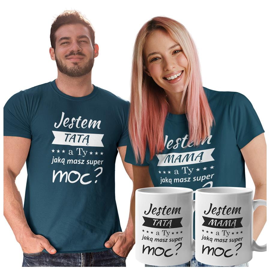 Koszulki dla Rodziców na Dzień Mamy i Taty zestaw z kubkami z napisem Jestem MAMĄ, a ty jaką masz super moc? i  Jestem TATĄ, a ty jaką masz super moc? w kolorze petrol  blue