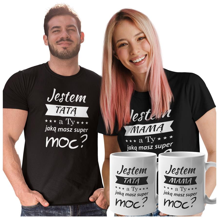 Koszulki dla Rodziców na Dzień Mamy i Taty zestaw z kubkami z napisem Jestem MAMĄ, a ty jaką masz super moc? i  Jestem TATĄ, a ty jaką masz super moc? w kolorze czarnym