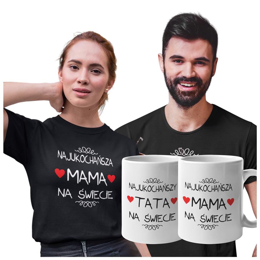 Koszulki dla Rodziców na Dzień Mamy i Taty zestaw z kubkami z napisem Najukochańsza mama na świecie i Najukochańszy tata na świecie w kolorze czarnym