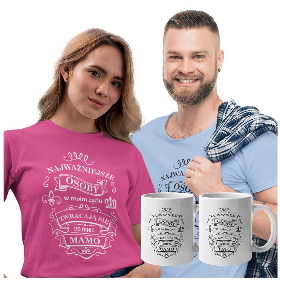 Koszulki dla Rodziców na Dzień Mamy i Taty zestaw z kubkami z napisem Najważniejsze osoby w moim życiu zwracają się do mnie MAMO i Najważniejsze osoby w moim życiu zwracają się do mnie TATO w kolorze różowym i błękitnym