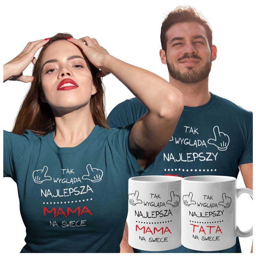 Koszulki dla Rodziców na Dzień Mamy i Taty zestaw z kubkami z napisem Tak wygląda najlepsza mama na świecie i Tak wygląda najlepszy tata na świecie w kolorze petrol blue
