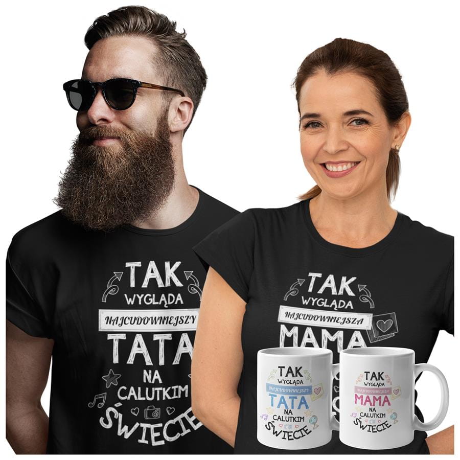 Koszulki dla Rodziców na Dzień Mamy i Taty zestaw z kubkami z napisem Tak wygląda najcudowniejsza mama na calutkim świecie i Tak wygląda najcudowniejszy tata na calutkim świecie w kolorze czarnym