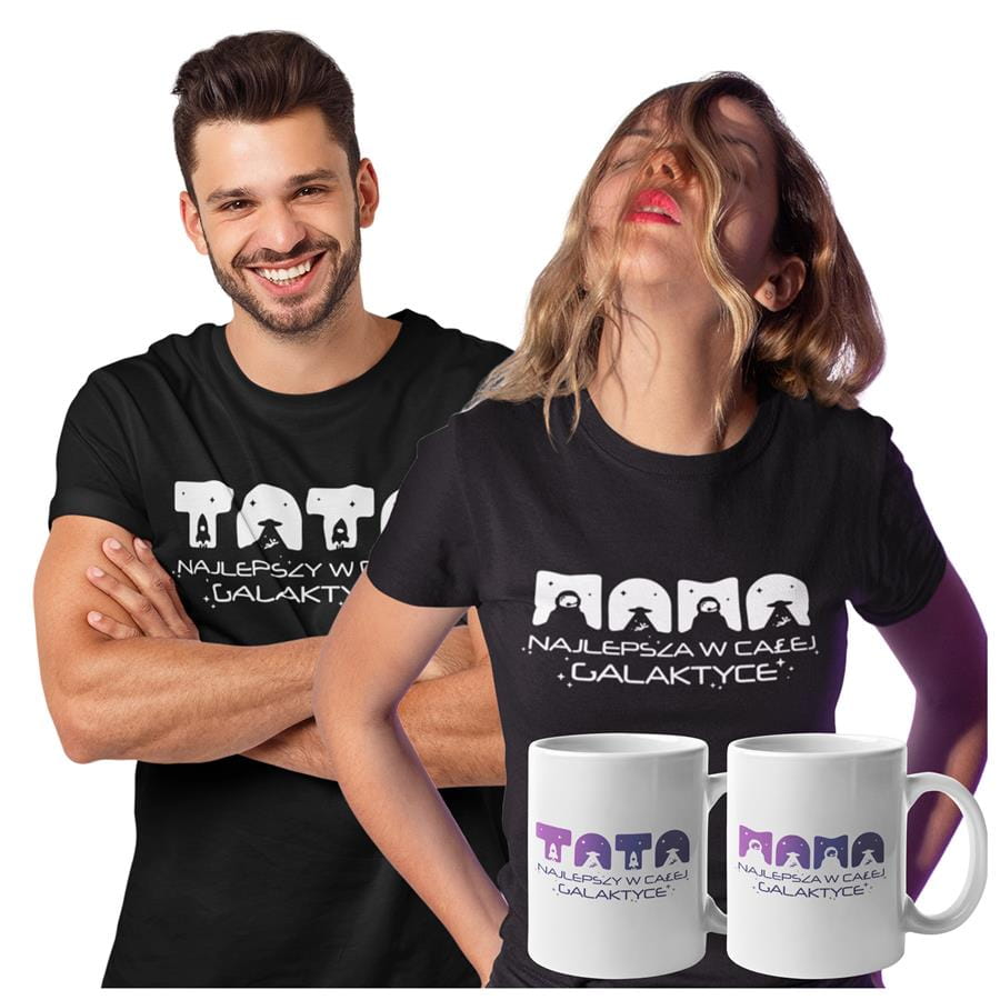 Koszulki dla Rodziców na Dzień Mamy i Taty zestaw z kubkami z napisem Mama najlepsza w całej galaktyce i Tata najlepszy w całej galaktyce w kolorze czarnym